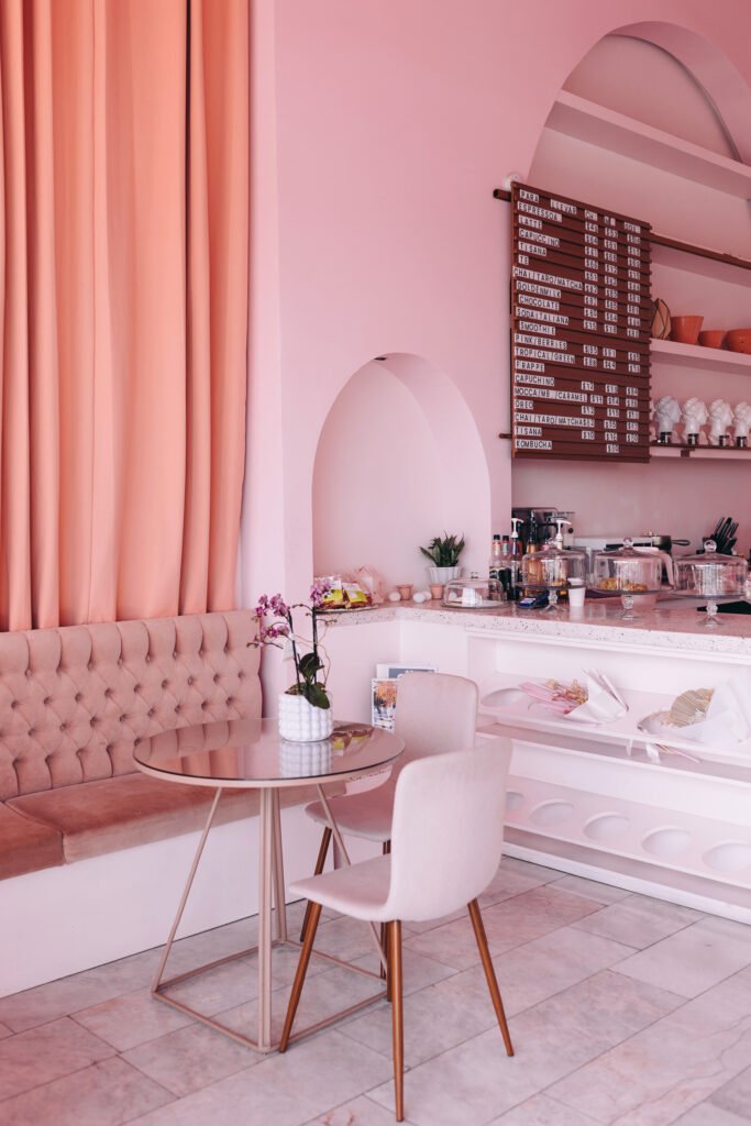 A styled shoot of a pink café restaurant